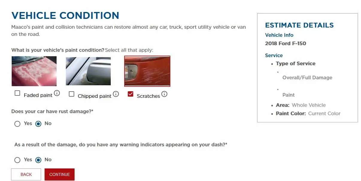 vehicle condition for color paint at Maaco